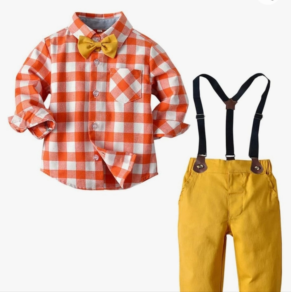 SANGTREE Boys Gentleman Plaid Suit Set with Detachable Suspenders